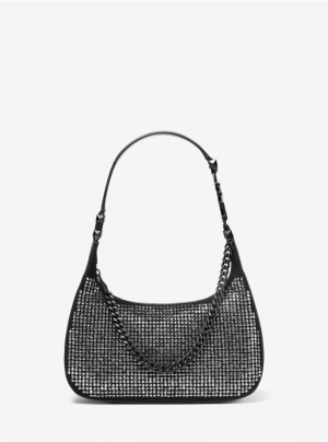 Black Silver Michael Kors Piper Small Embellished Suede Women's's Shoulder Bags | SMFL53978