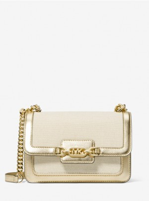 Gold Cream Michael Kors Heather Large Canvas and Metallic Faux Leather Women's's Shoulder Bags | CLQH08246
