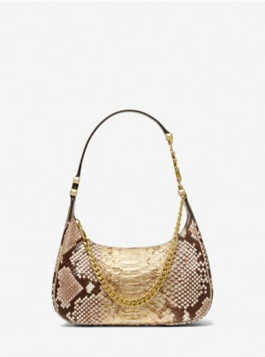Gold Michael Kors Piper Small Two-Tone Snake Embossed Leather Women's's Shoulder Bags | HOLN29468